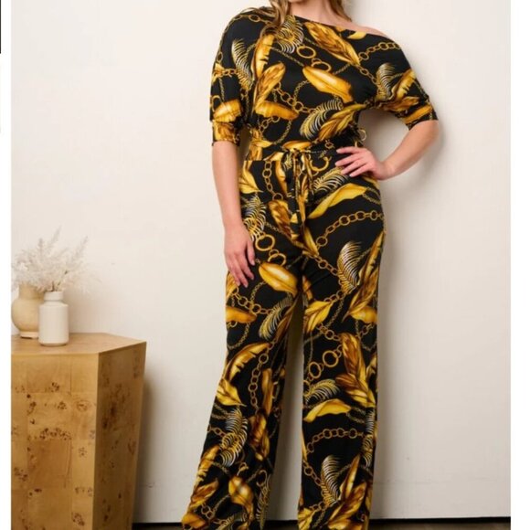 JANETTE PLUS SIZE off Shoulder Multi Print Wide Leg Jumpsuit NWT 1X, 2X, 3X - Picture 2 of 9